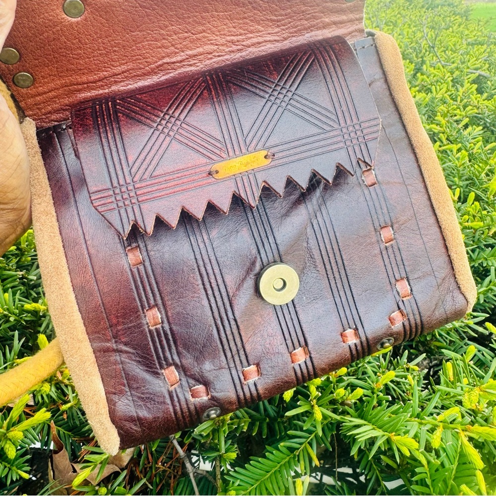 Brown Embossed Leather Crossbody Bag with Brass Accents - Picture 11 of 12